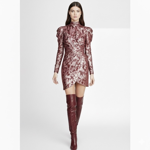 jonathan simkhai metallic wrap dress Simkhai Metallic Vine Jacquard Mock-Neck Wrap Dress In Red - 75% Off